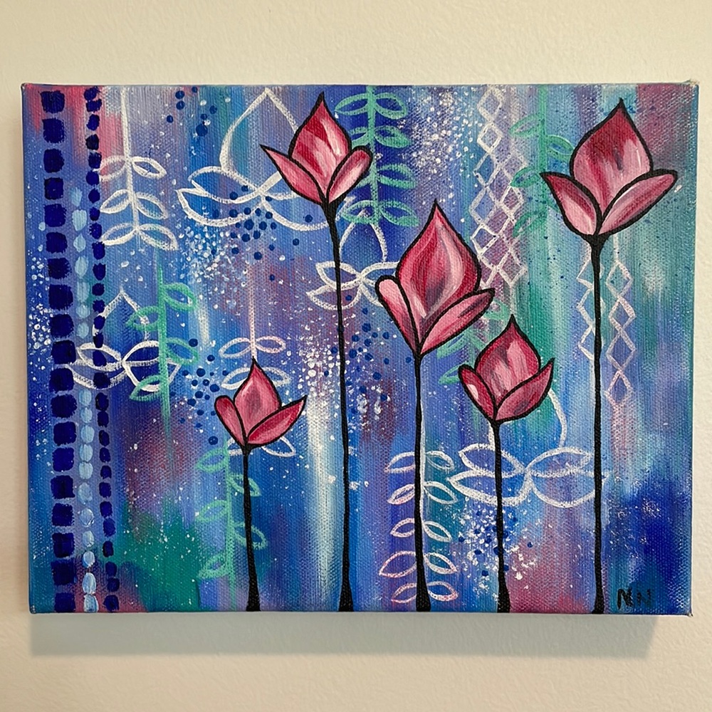 Tulip Lotus Blue Original 8x10 Painting Wall Art